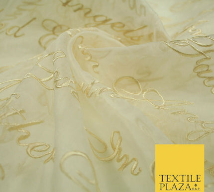 Luxury Ivory Gold Angel Script Embroidered 100% SILK ORGANZA Fabric 45" 4629