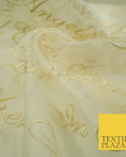 Luxury Ivory Gold Angel Script Embroidered 100% SILK ORGANZA Fabric 45" 4629