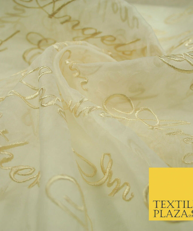 Luxury Ivory Gold Angel Script Embroidered 100% SILK ORGANZA Fabric 45" 4629