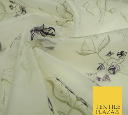 Luxury Ivory Lilac Purple Floral Embroidered 100% SILK ORGANZA Fabric 53" 4630