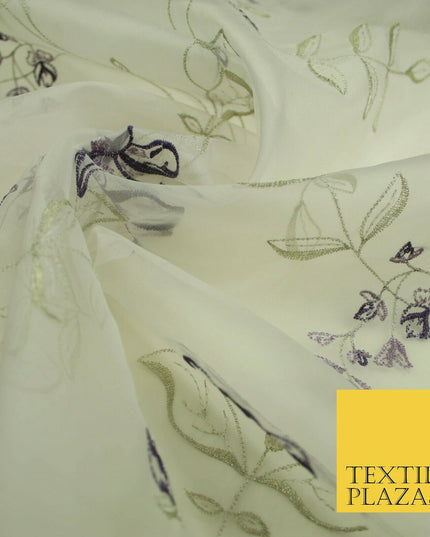 Luxury Ivory Lilac Purple Floral Embroidered 100% SILK ORGANZA Fabric 53" 4630