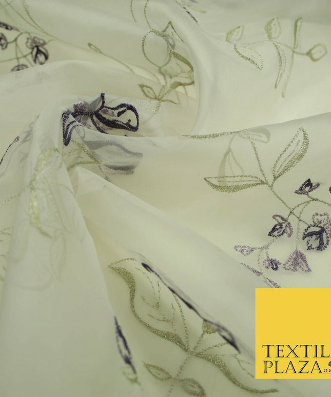 Luxury Ivory Lilac Purple Floral Embroidered 100% SILK ORGANZA Fabric 53" 4630
