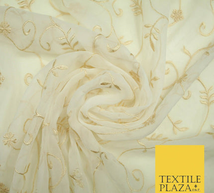 Luxury Ivory Light Gold Floral Stem Embroidered 100% SILK CHIFFON Fabric 45"4635