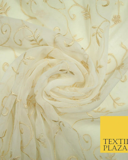 Luxury Ivory Light Gold Floral Stem Embroidered 100% SILK CHIFFON Fabric 45"4635