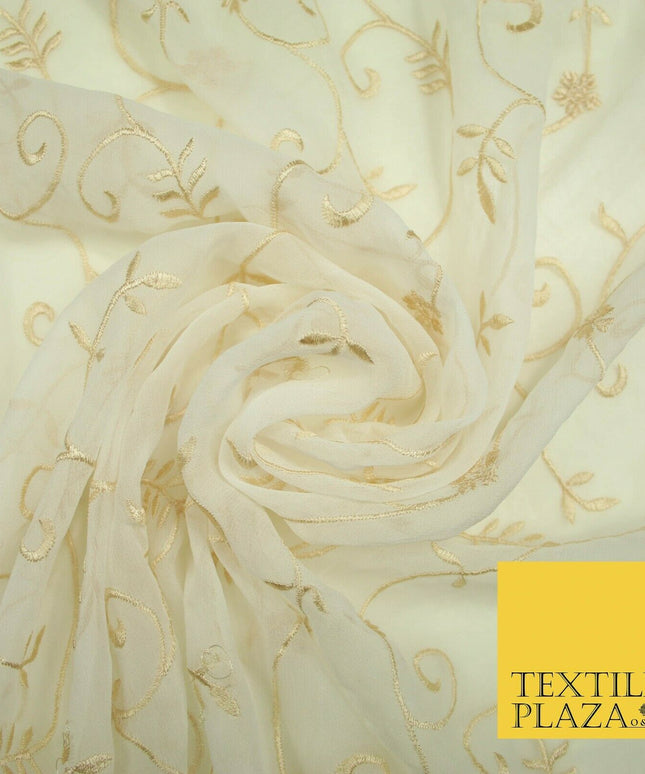 Luxury Ivory Light Gold Floral Stem Embroidered 100% SILK CHIFFON Fabric 45"4635