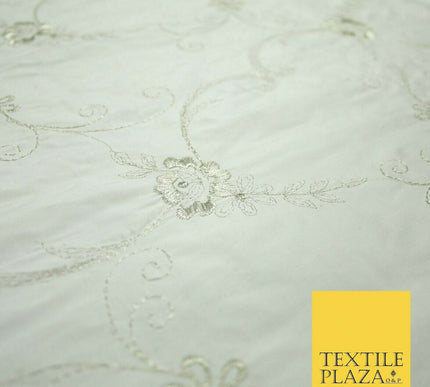 Luxury Ivory Silver Floral Embroidered 100% PURE SILK Dupion Fabric 45" 4637