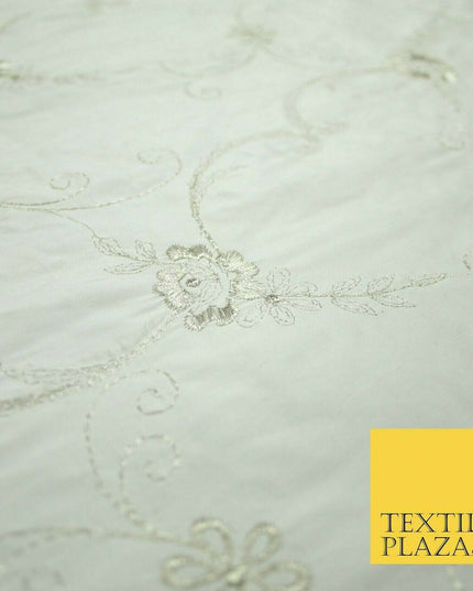 Luxury Ivory Silver Floral Embroidered 100% PURE SILK Dupion Fabric 45" 4637