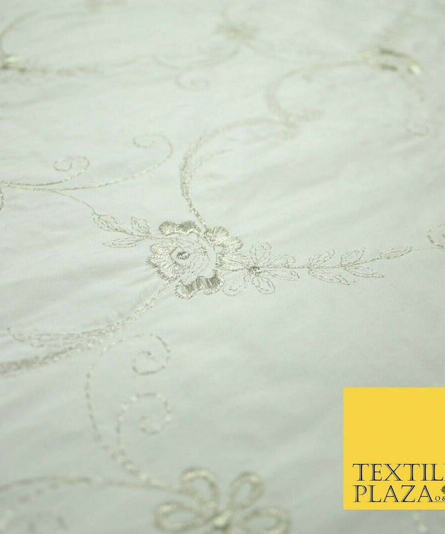 Luxury Ivory Silver Floral Embroidered 100% PURE SILK Dupion Fabric 45" 4637