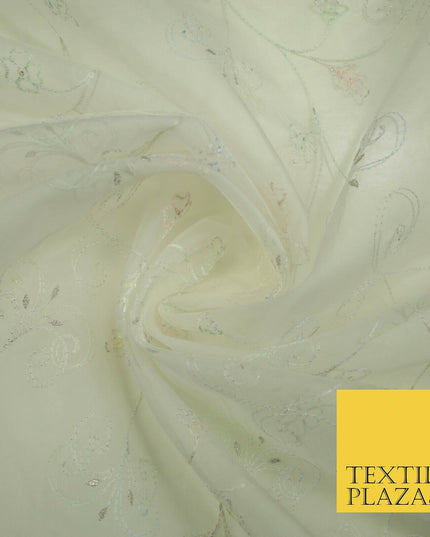 Luxury Ivory Floral Pastel Thread Embroidered 100% SILK ORGANZA Fabric 45" 4632