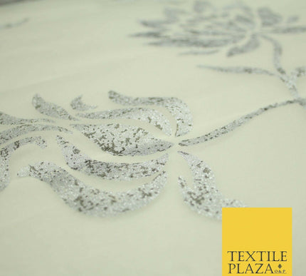 Luxury White Metallic Silver Floral Lotus 100% SILK ORGANZA Fabric Sheer 53"4623