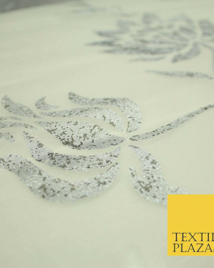Luxury White Metallic Silver Floral Lotus 100% SILK ORGANZA Fabric Sheer 53"4623