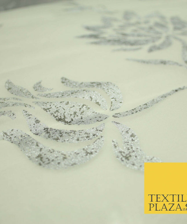 Luxury White Metallic Silver Floral Lotus 100% SILK ORGANZA Fabric Sheer 53"4623