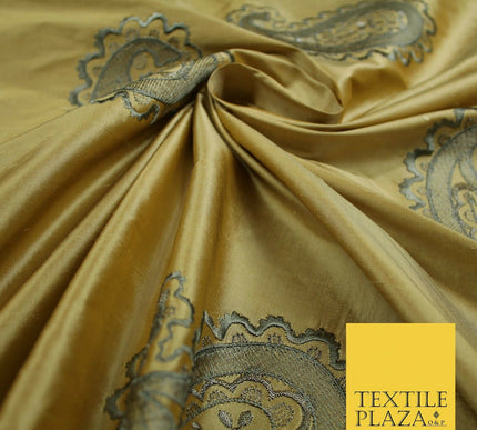 Luxury Gold Large Grey Ornate Paisley Embroidered 100% PURE SILK Fabric 53" 4641