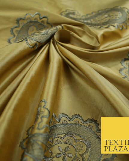 Luxury Gold Large Grey Ornate Paisley Embroidered 100% PURE SILK Fabric 53" 4641