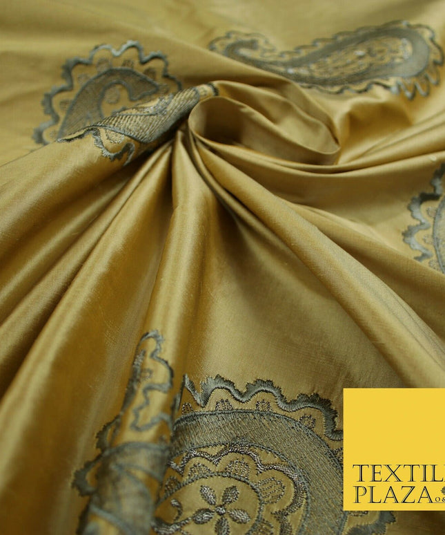 Luxury Gold Large Grey Ornate Paisley Embroidered 100% PURE SILK Fabric 53" 4641