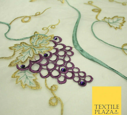 Luxury Ivory Floral Grapevine Stem Embroidered 100% SILK ORGANZA Fabric 45" 4631