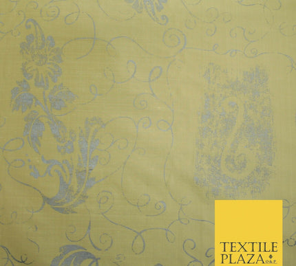 Luxury Gold Ornamental Grey Floral Printed 100% PURE SILK Dupion Fabric 53" 4618