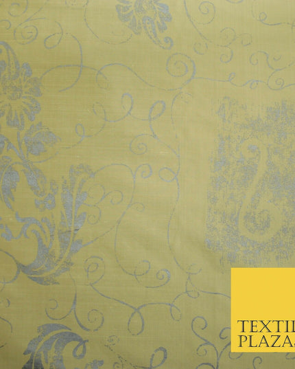 Luxury Gold Ornamental Grey Floral Printed 100% PURE SILK Dupion Fabric 53" 4618