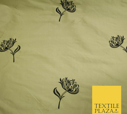 Luxury Gold Large Black Flowers Embroidered 100% PURE SILK Fabric 53" 2 SHADES