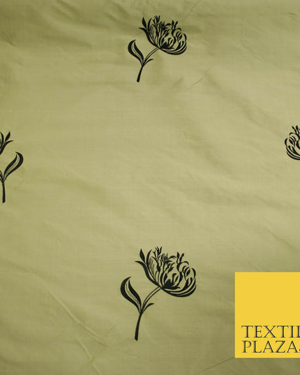 Luxury Gold Large Black Flowers Embroidered 100% PURE SILK Fabric 53" 2 SHADES