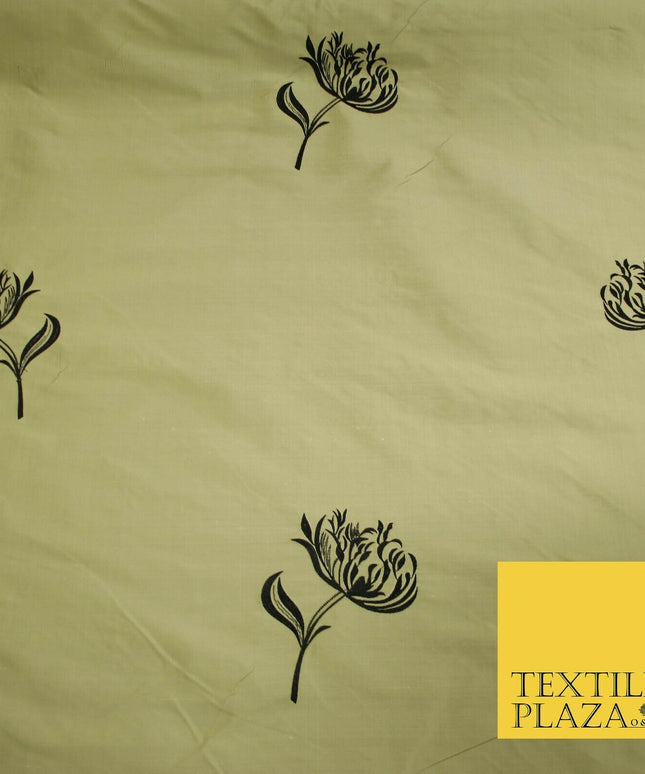 Luxury Gold Large Black Flowers Embroidered 100% PURE SILK Fabric 53" 2 SHADES