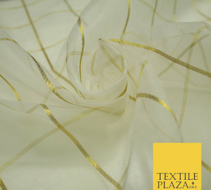 Luxury White Metallic Gold Square Check 100% SILK ORGANZA Fabric Sheer 48" 4626