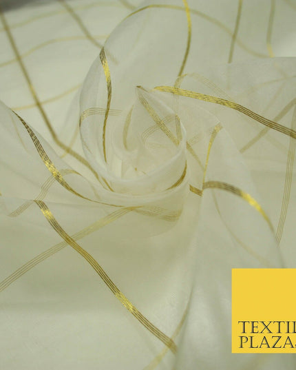 Luxury White Metallic Gold Square Check 100% SILK ORGANZA Fabric Sheer 48" 4626