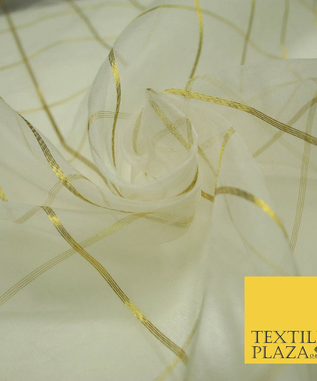 Luxury White Metallic Gold Square Check 100% SILK ORGANZA Fabric Sheer 48" 4626