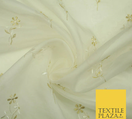Luxury Ivory Floating Stem Flowers Embroidered 100% SILK ORGANZA Fabric 45" 4633