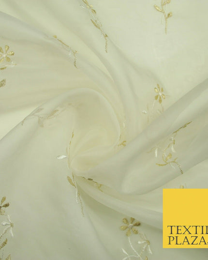Luxury Ivory Floating Stem Flowers Embroidered 100% SILK ORGANZA Fabric 45" 4633