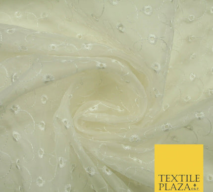 Luxury Ivory Broderie Anglaise Hole Embroidered 100% SILK ORGANZA Fabric 45"4634