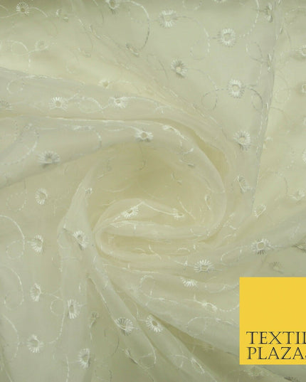 Luxury Ivory Broderie Anglaise Hole Embroidered 100% SILK ORGANZA Fabric 45"4634