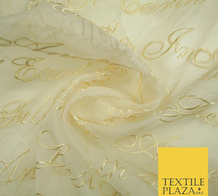 Luxury Ivory Gold Angel Script Embroidered 100% SILK ORGANZA Fabric 45" 4629