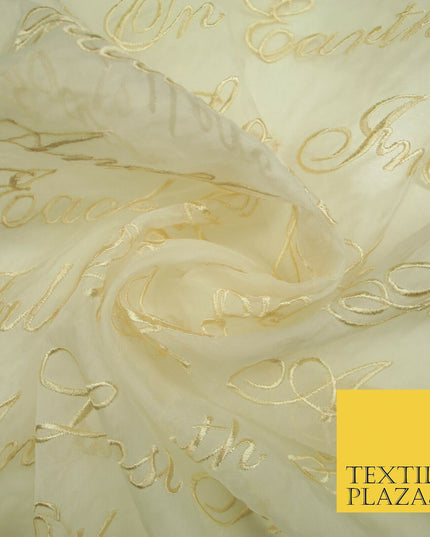 Luxury Ivory Gold Angel Script Embroidered 100% SILK ORGANZA Fabric 45" 4629