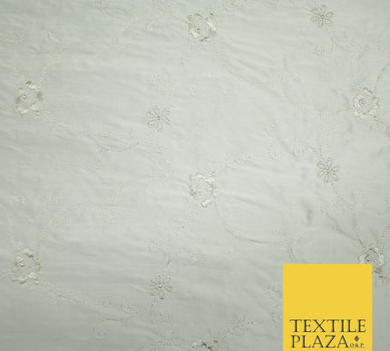 Luxury Ivory Silver Floral Embroidered 100% PURE SILK Dupion Fabric 45" 4637