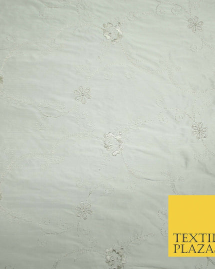 Luxury Ivory Silver Floral Embroidered 100% PURE SILK Dupion Fabric 45" 4637