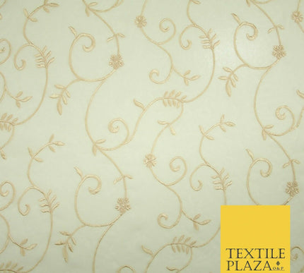 Luxury Ivory Light Gold Floral Stem Embroidered 100% SILK CHIFFON Fabric 45"4635