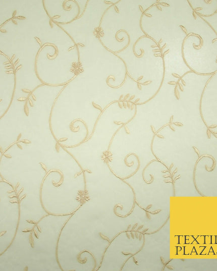 Luxury Ivory Light Gold Floral Stem Embroidered 100% SILK CHIFFON Fabric 45"4635