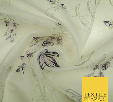 Luxury Ivory Lilac Purple Floral Embroidered 100% SILK ORGANZA Fabric 53" 4630