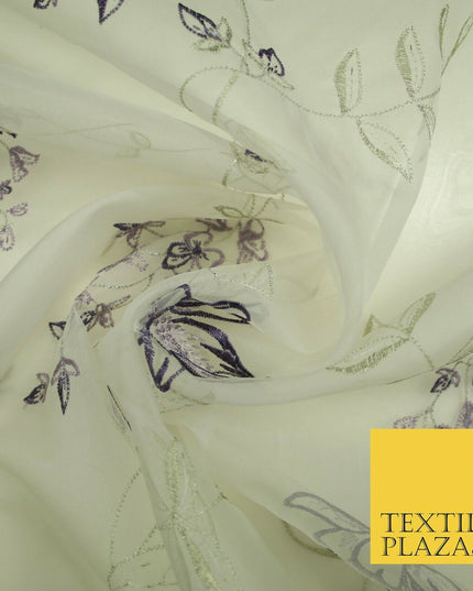 Luxury Ivory Lilac Purple Floral Embroidered 100% SILK ORGANZA Fabric 53" 4630