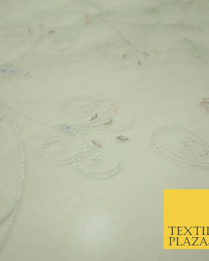 Luxury Ivory Floral Pastel Thread Embroidered 100% SILK ORGANZA Fabric 45" 4632