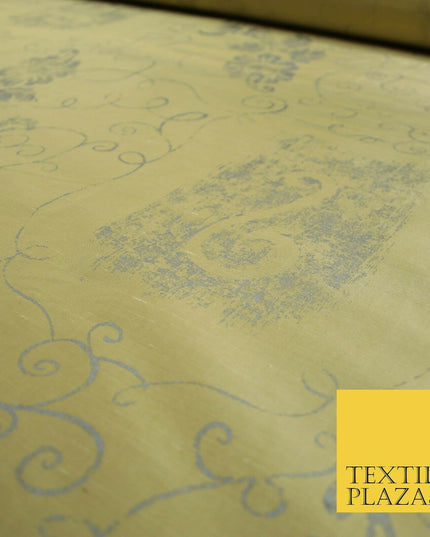 Luxury Gold Ornamental Grey Floral Printed 100% PURE SILK Dupion Fabric 53" 4618