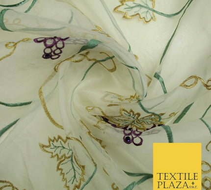 Luxury Ivory Floral Grapevine Stem Embroidered 100% SILK ORGANZA Fabric 45" 4631