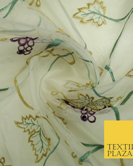 Luxury Ivory Floral Grapevine Stem Embroidered 100% SILK ORGANZA Fabric 45" 4631