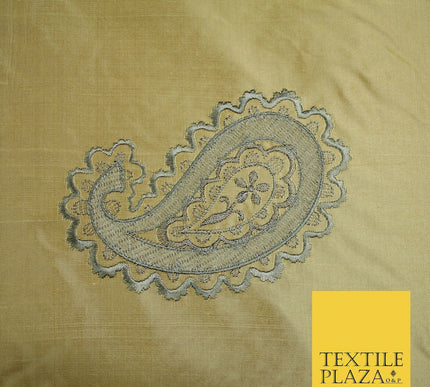 Luxury Gold Large Grey Ornate Paisley Embroidered 100% PURE SILK Fabric 53" 4641
