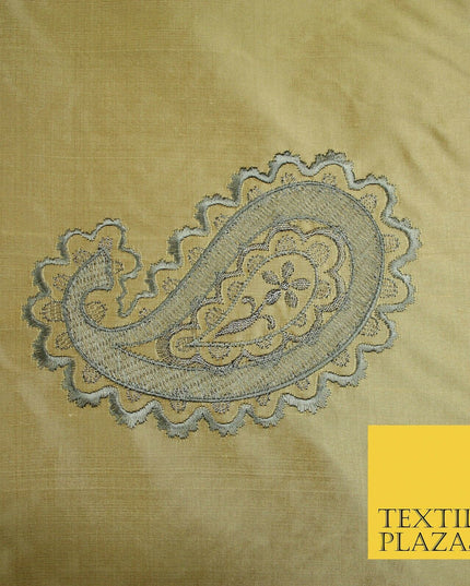 Luxury Gold Large Grey Ornate Paisley Embroidered 100% PURE SILK Fabric 53" 4641