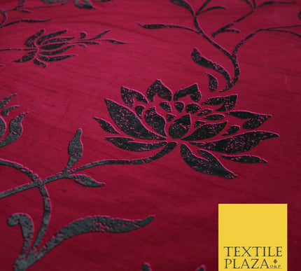 Luxury Cerise Pink Lotus Floral Printed 100% PURE SILK Dupion Fabric 53" 4617
