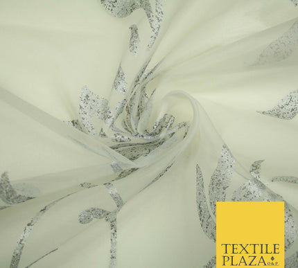 Luxury White Metallic Silver Floral Lotus 100% SILK ORGANZA Fabric Sheer 53"4623