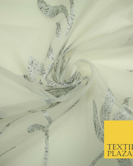 Luxury White Metallic Silver Floral Lotus 100% SILK ORGANZA Fabric Sheer 53"4623