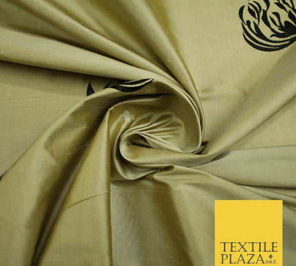Luxury Gold Large Black Flowers Embroidered 100% PURE SILK Fabric 53" 2 SHADES